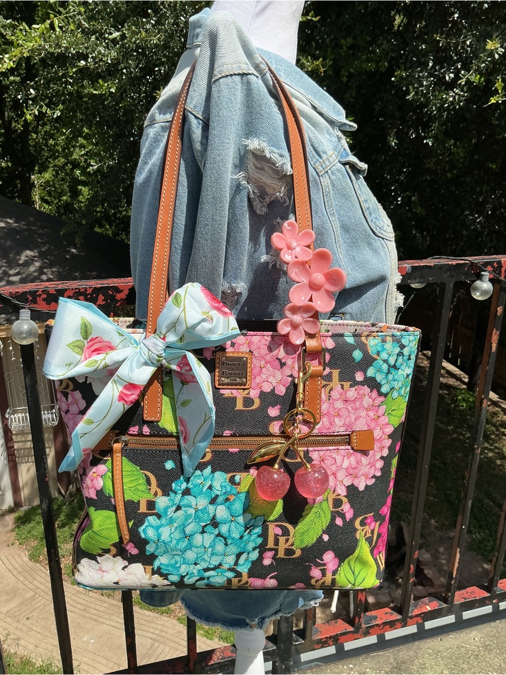 Dooney & Bourke Black Floral Hydrangea Tote with Tan Straps